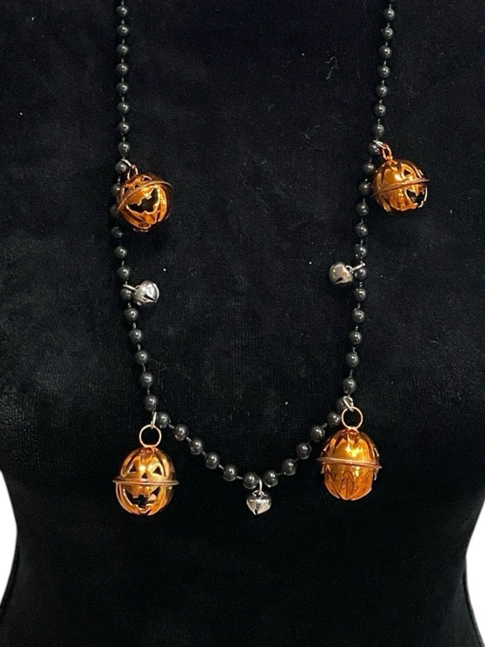 Halloween Pumpkin Bell Charm Necklace - Orange and Black